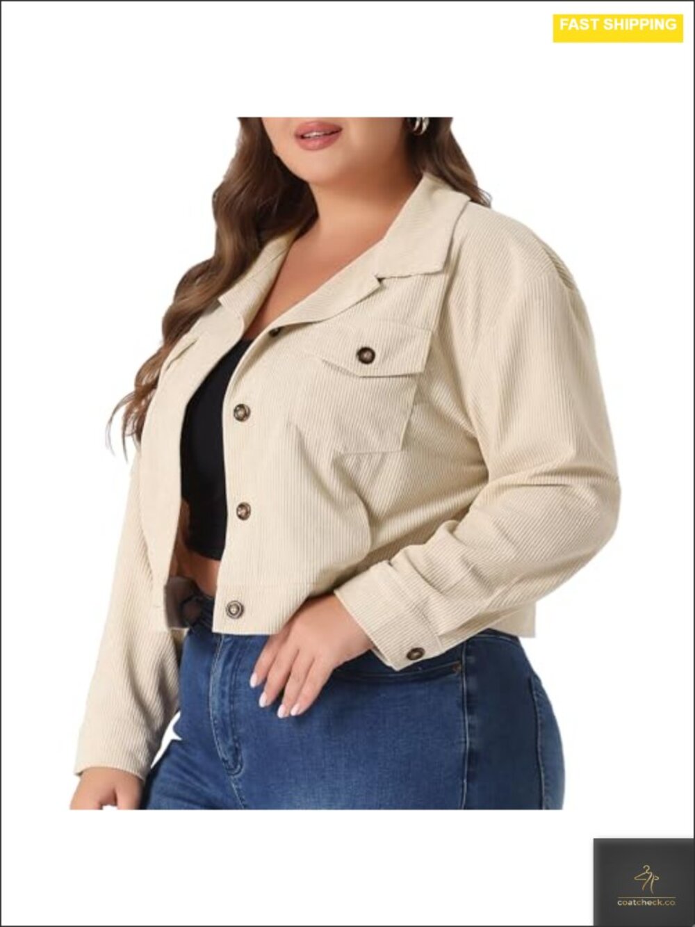 Plus Size Corduroy Button Down Shacket Cropped Jacket